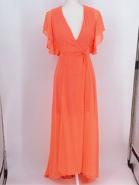 Hutch Coral real Wrap Maxi Dress  Flutter Sleeve size s